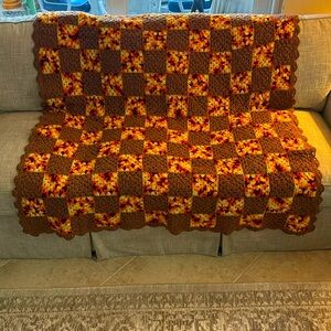 Vintage 70’s Handmade Granny Square Crochet Afghan Throw Sunrise Sunset Colors